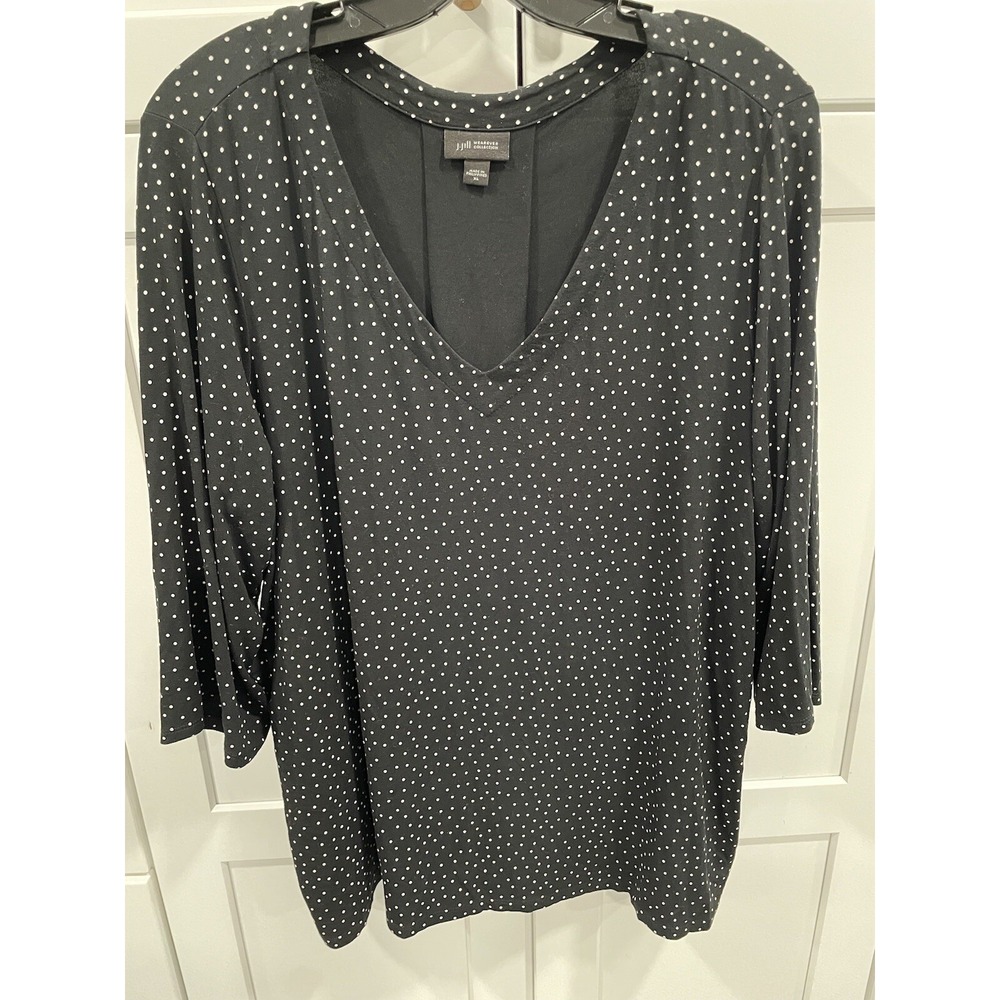 J JILL Top Sz XL Women's Black‎ w White Polka Dots AK116